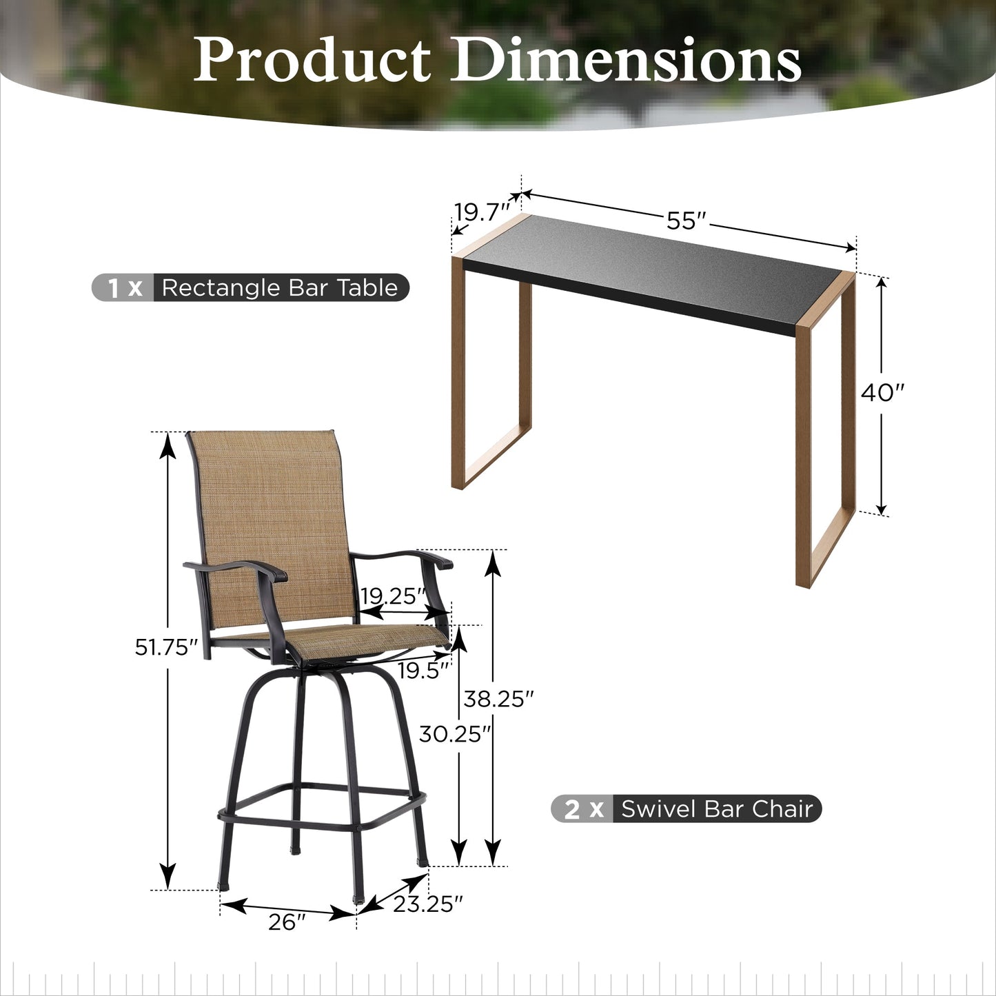 Sophia & William 3PCS Patio Outdoor Bar Set Txtilene Bar Height Swivel Stools & Table Furniture Bistro Set, Brown