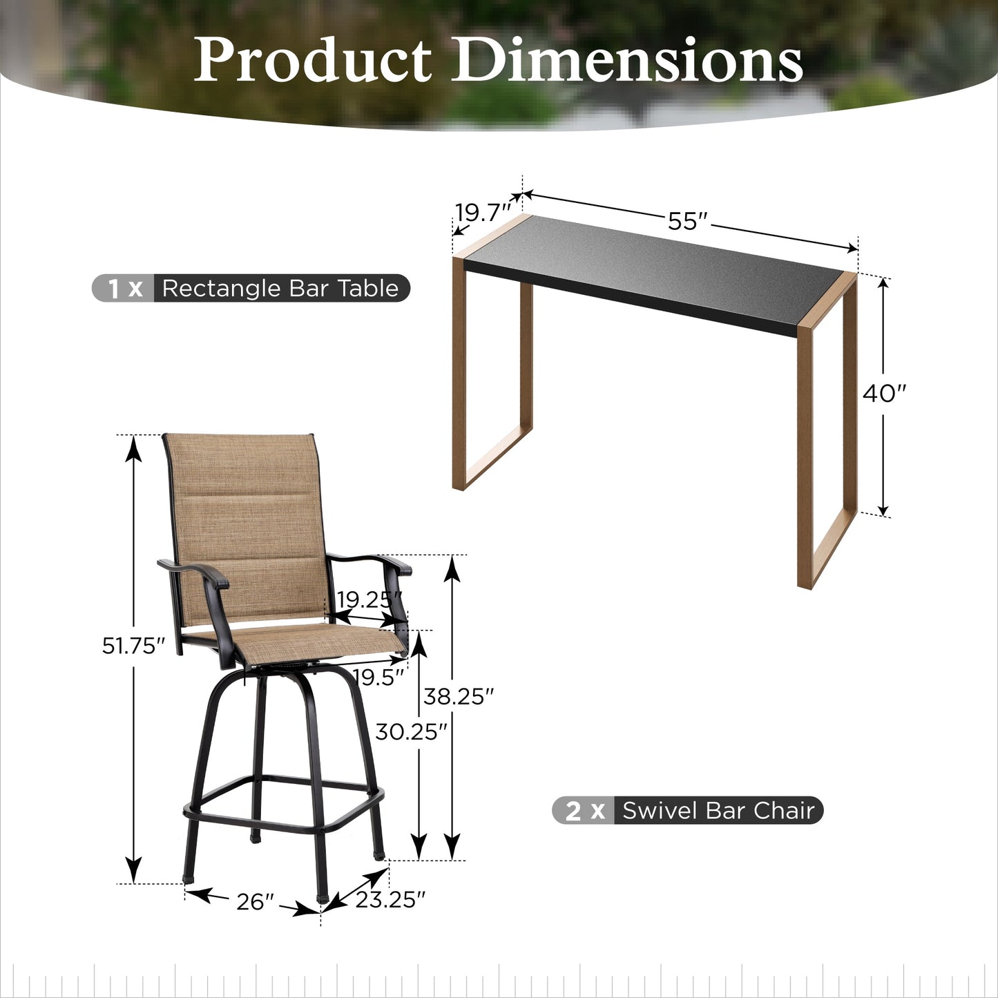 Sophia & William 3PCS Patio Outdoor Bar Set Padded Txtilene Bar Height Swivel Stools & Table Furniture Bistro Set, Brown