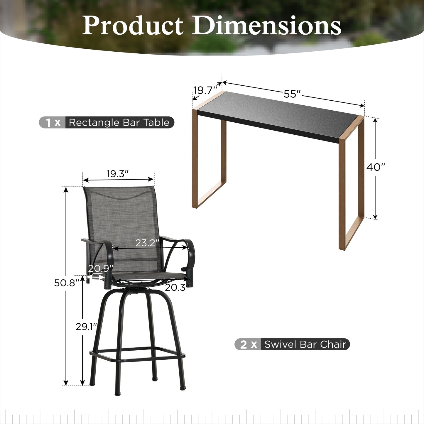 Sophia & William 3PCS Patio Outdoor Bar Set Txtilene Bar Height Swivel Stools & Table Furniture Bistro Set, Gray