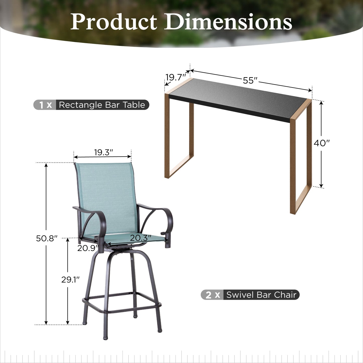 Sophia & William 3PCS Patio Outdoor Bar Set Txtilene Bar Height Swivel Stools & Table Furniture Bistro Set, Turquoise Blue