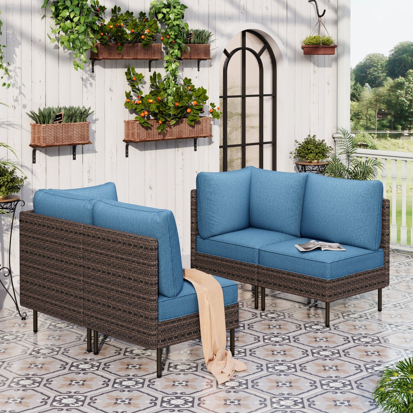 Sophia & William 4 Pieces Wicker Patio Furniture Set 4-Seat Outdoor Conversation Set with Cushions, Brown & Blue