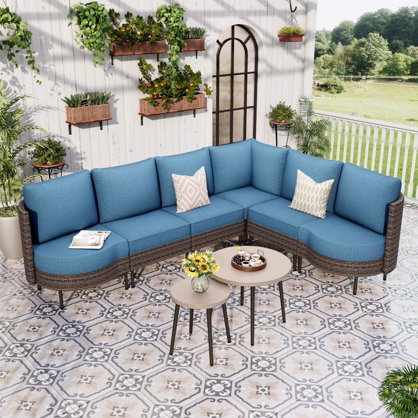 Sophia & William L-shaped 8 Pieces Wicker Patio Furniture Set 6-Seat Outdoor Conversation Set with Coffee Table & Cushioned Chairs, Brown & Blue