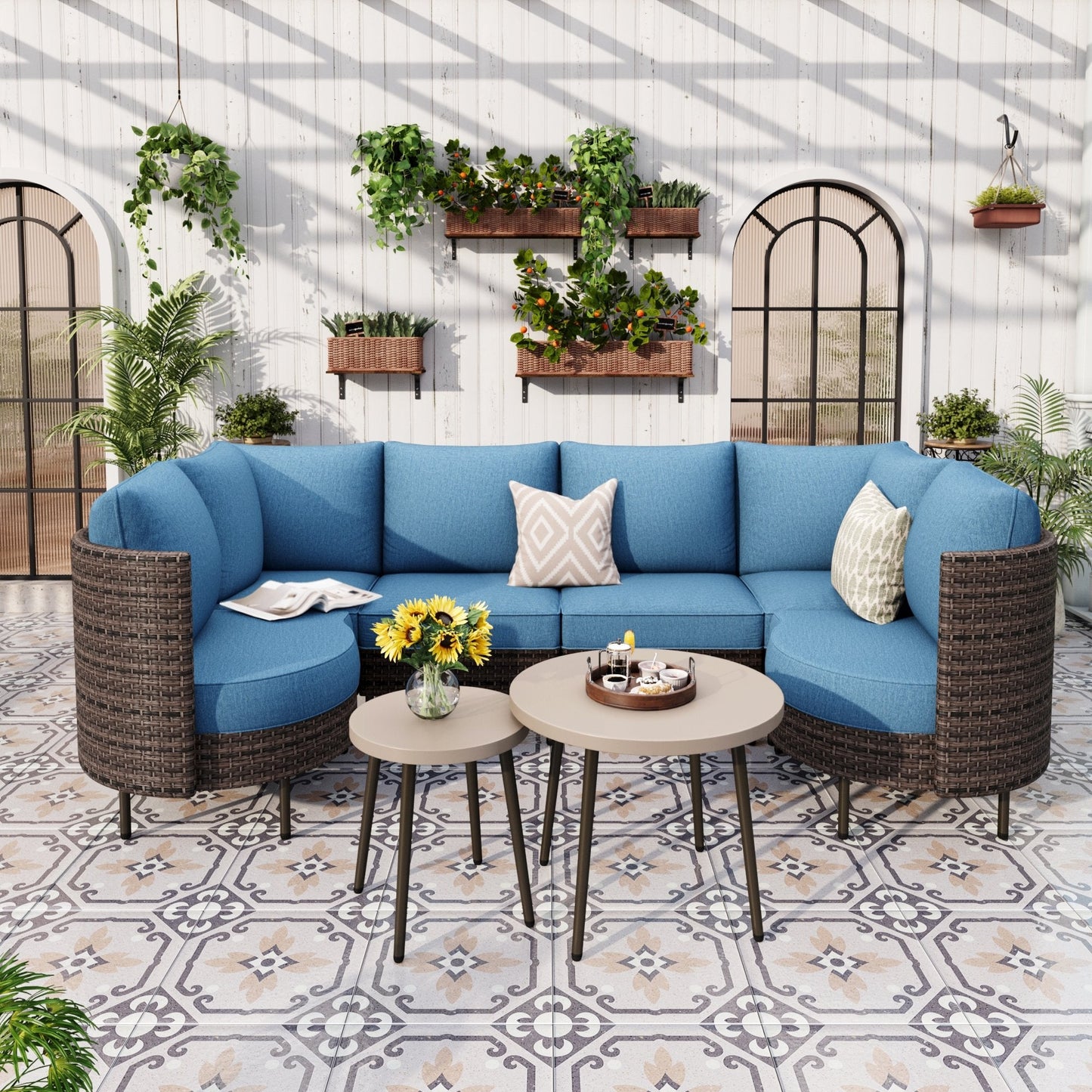 Sophia & William U-shaped 8 Pieces Wicker Patio Furniture Set 6-Seat Outdoor Conversation Set with Coffee Table & Cushioned Chairs, Brown & Blue