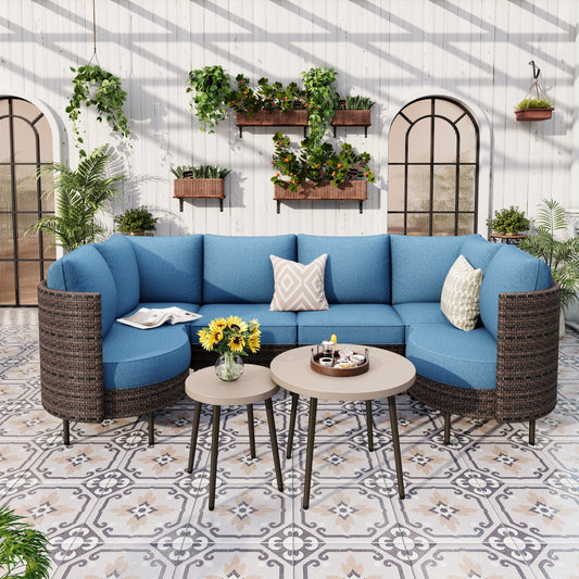 Sophia & William U-shaped 8 Pieces Wicker Patio Furniture Set 6-Seat Outdoor Conversation Set with Coffee Table & Cushioned Chairs, Brown & Blue