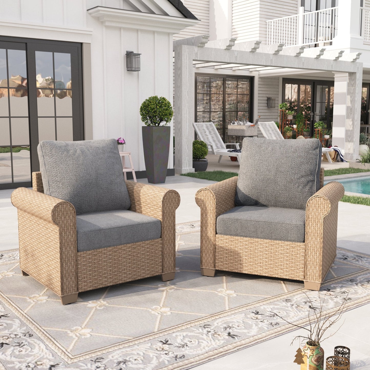 Sophia & William 2 Pieces Wicker Patio Furniture Set 2-Seat Outdoor Conversation Set with Cushions, Yellow & Gray