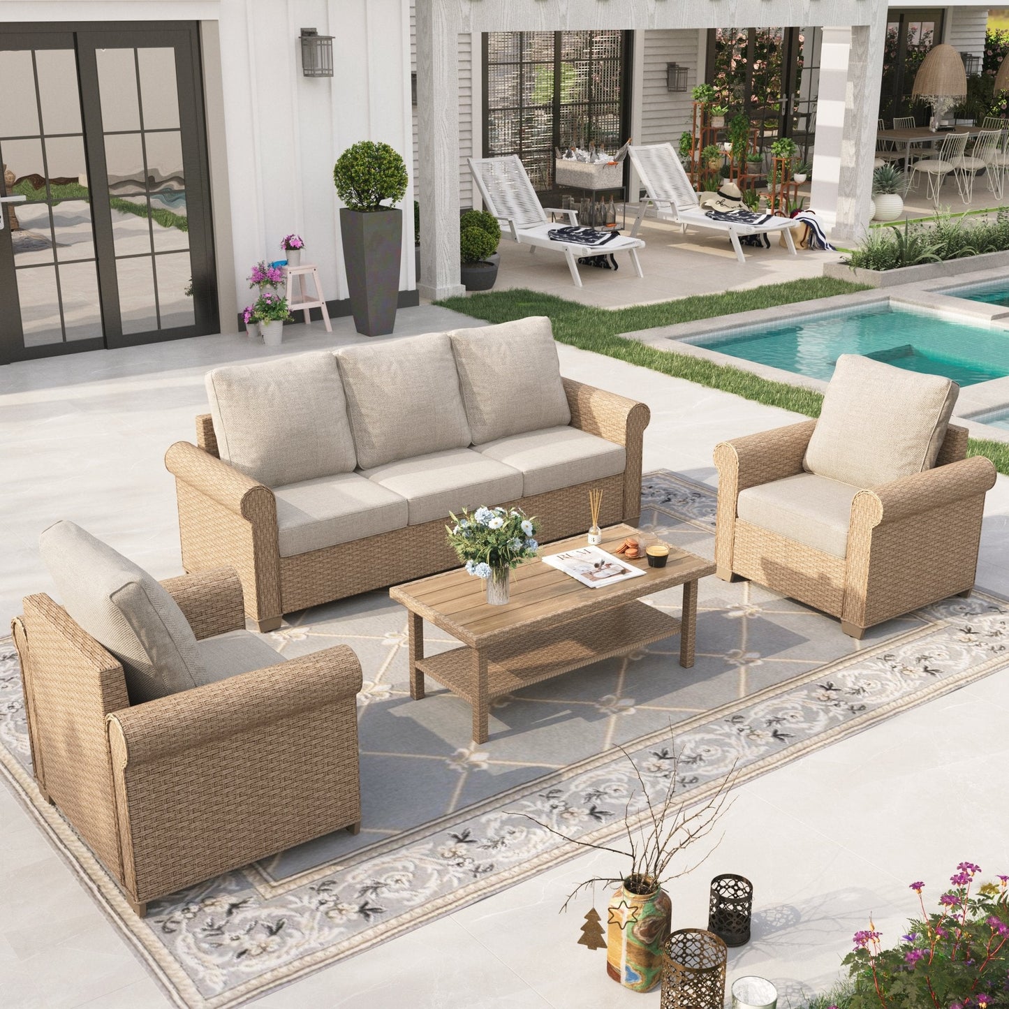 Sophia & William 4 Pieces Wicker Patio Furniture Set 5-Seat Outdoor Cushioned Conversation Set with Coffe Table, Yellow & Beige