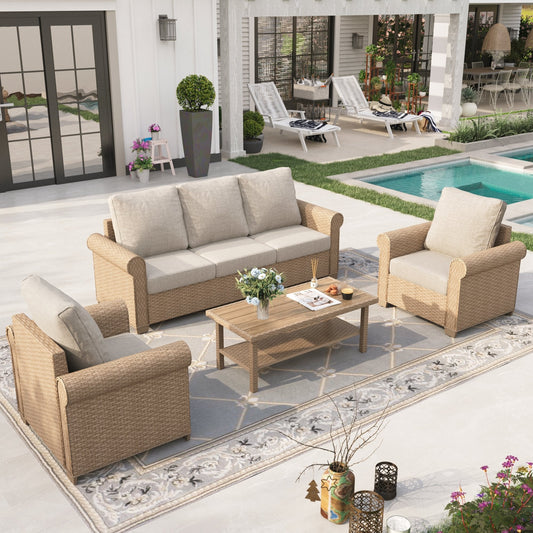 Sophia & William 4 Pieces Wicker Patio Furniture Set 5-Seat Outdoor Cushioned Conversation Set with Coffe Table, Yellow & Beige