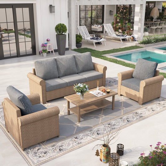 Sophia & William 4 Pieces Wicker Patio Furniture Set 5-Seat Outdoor Conversation Set with Cushions, Yellow & Gray