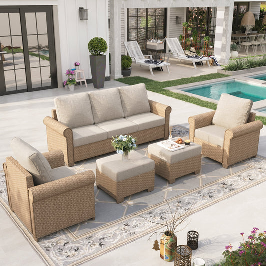 Sophia & William 5 Pieces Wicker Patio Furniture Set 5-Seat Outdoor Conversation Set with Cushions, Yellow & Beige