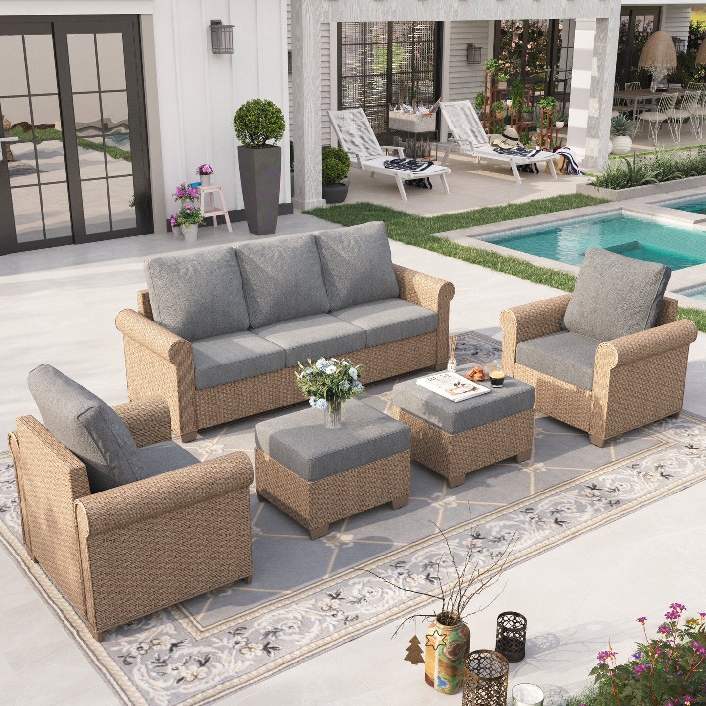 Sophia & William 5 Pieces Wicker Patio Furniture Set 5-Seat Outdoor Conversation Set with Cushions, Yellow & Gray