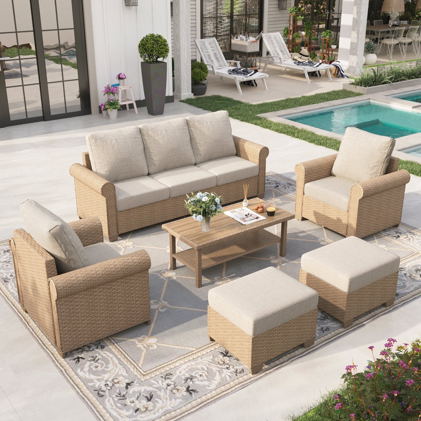 Sophia & William 6 Pieces Wicker Patio Furniture Set 5-Seat Outdoor Cushioned Conversation Set with Coffe Table, Yellow & Beige