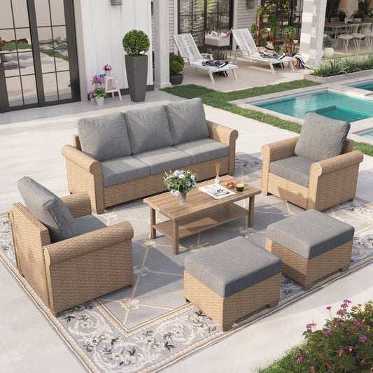 Sophia & William 6 Pieces Wicker Patio Furniture Set 5-Seat Outdoor Cushioned Conversation Set with Coffe Table, Yellow & Gray