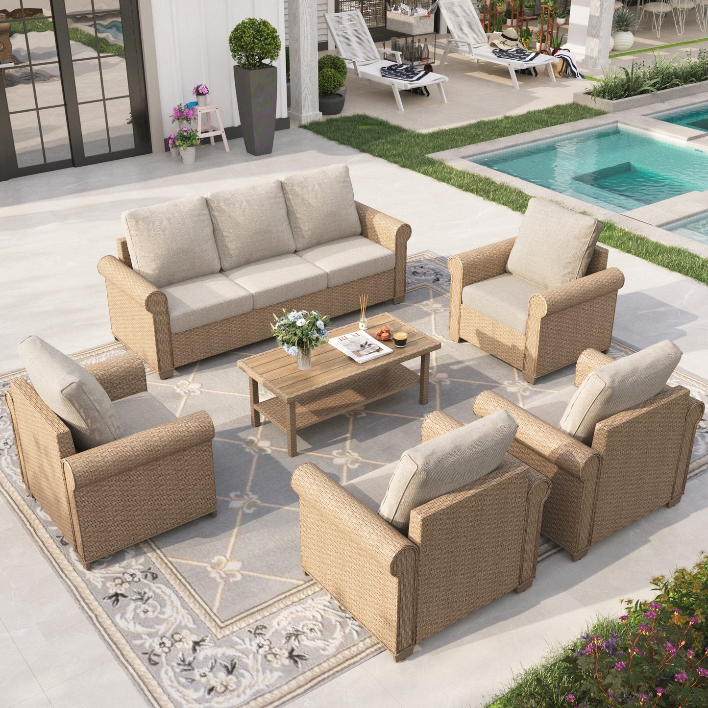 Sophia & William 6 Pieces Wicker Patio Furniture Set 7-Seat Outdoor Cushioned Conversation Set with Coffe Table, Yellow & Beige