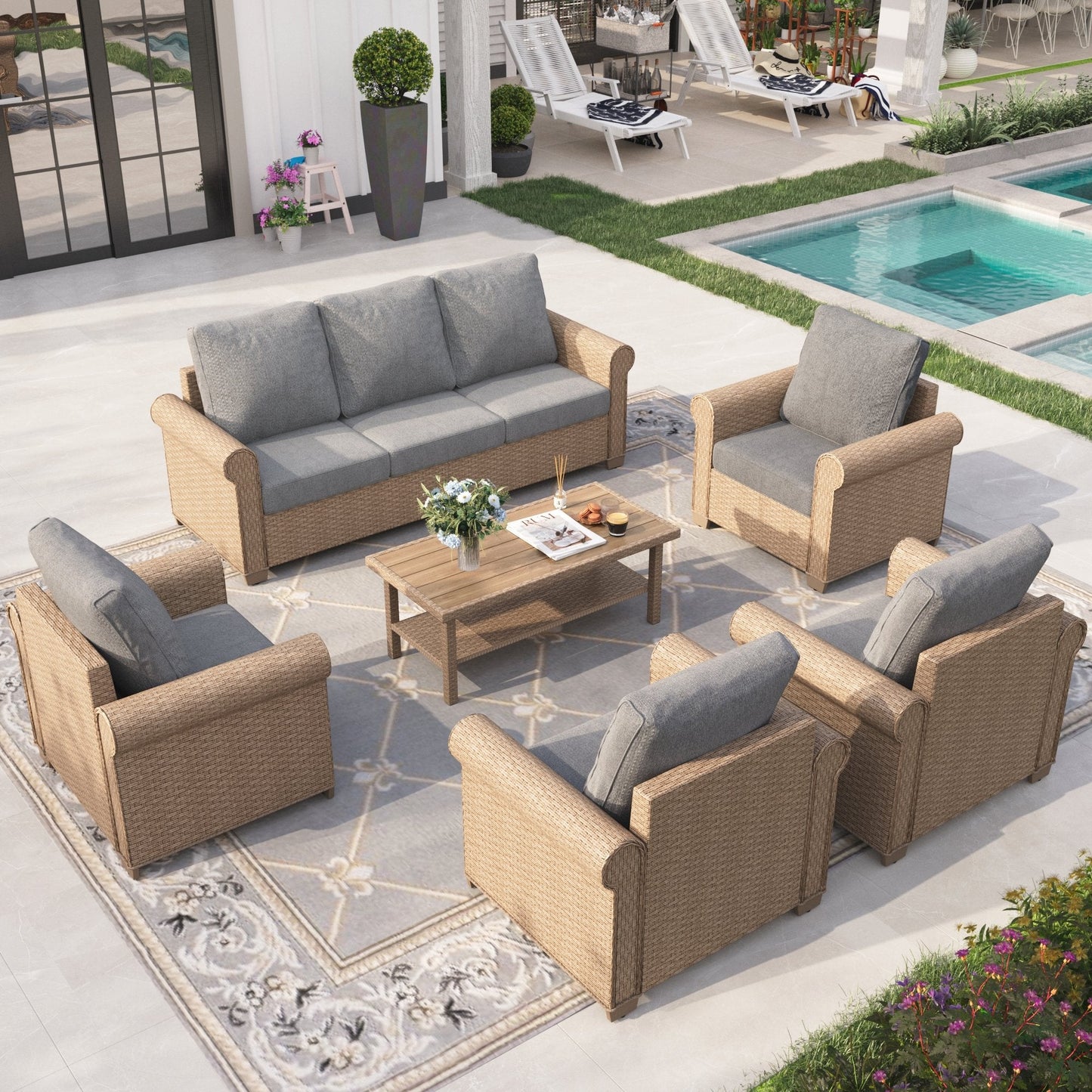 Sophia & William 6 Pieces Wicker Patio Furniture Set 7-Seat Outdoor Cushioned Conversation Set with Coffe Table, Yellow & Gray