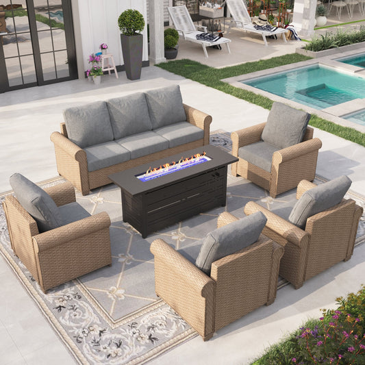 Sophia & William 6 Pieces Wicker Patio Furniture Set 7-Seat Outdoor Cushioned Conversation Set with Fire Pit Table, Yellow & Gray
