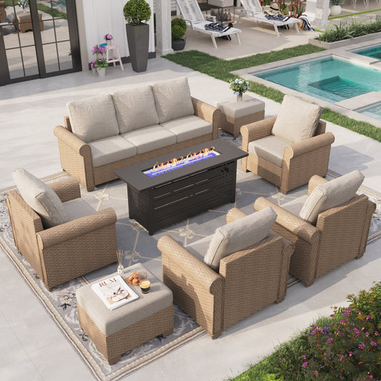 Sophia & William 8 Pieces Wicker Patio Furniture Set 9-Seat Outdoor Cushioned Conversation Set with Fire Pit Table, Beige