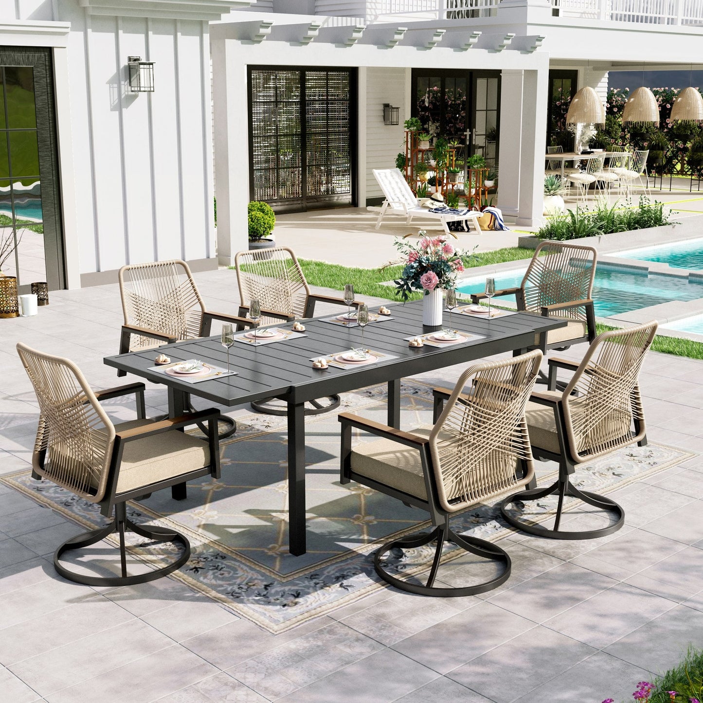Sophia & William 7-Piece Outdoor Patio Dining Set Swivel Metal Wicker Chairs and Extendable Steel Table