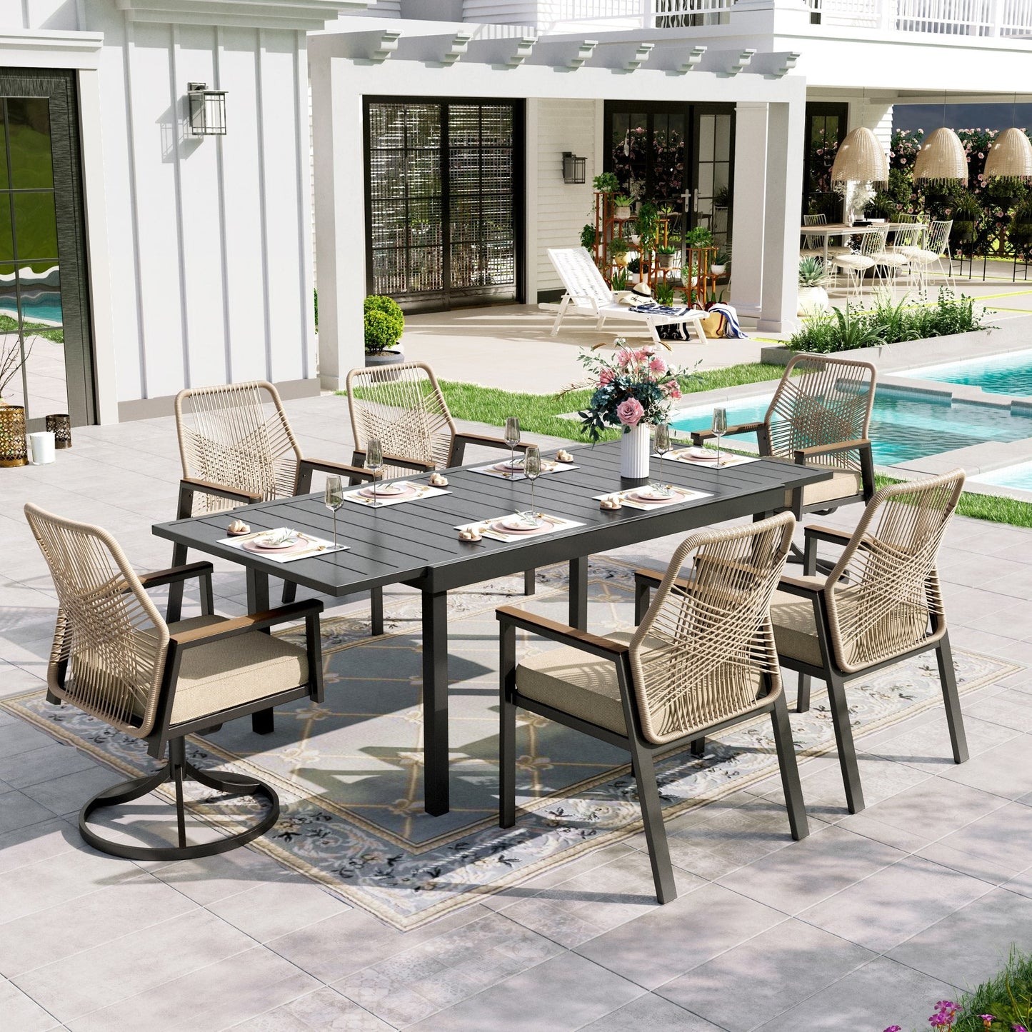 Sophia & William 7 Pieces Wicker Outdoor Patio Dining Set with 2 Swivel Chairs, 4 Fixed Chairs and 1pc Extendable Metal Table for 6-person