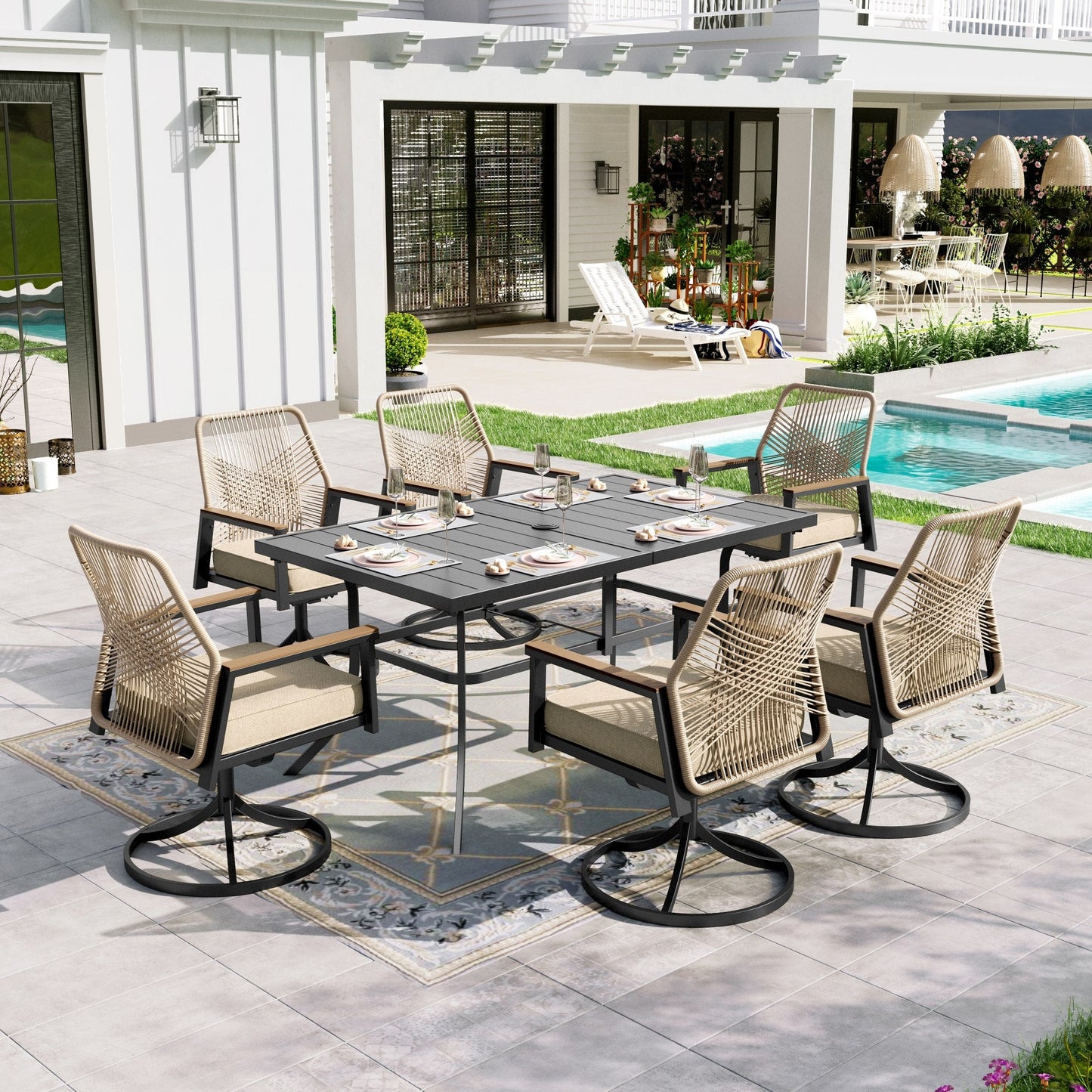 Sophia & William 7-Piece Outdoor Patio Dining Set Swivel Metal Wicker Chairs and Steel Table