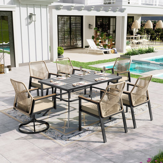 Sophia & William 7 Pieces Wicker Outdoor Patio Dining Set with 2 Swivel Chairs, 4 Fixed Chairs and 1pc Metal Table for 6-person