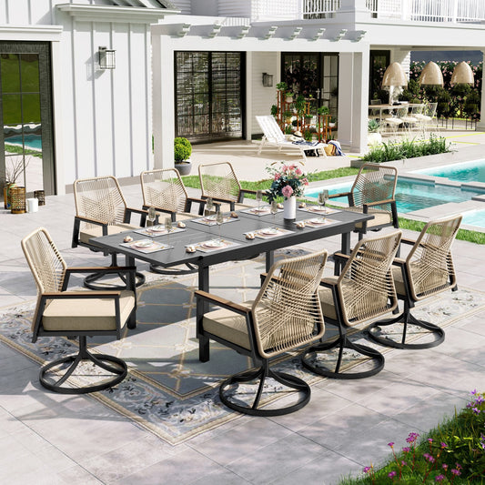 Sophia & William 9-Piece Outdoor Patio Dining Set with Swivel Wicker Metal Chairs and Extendable Steel Table