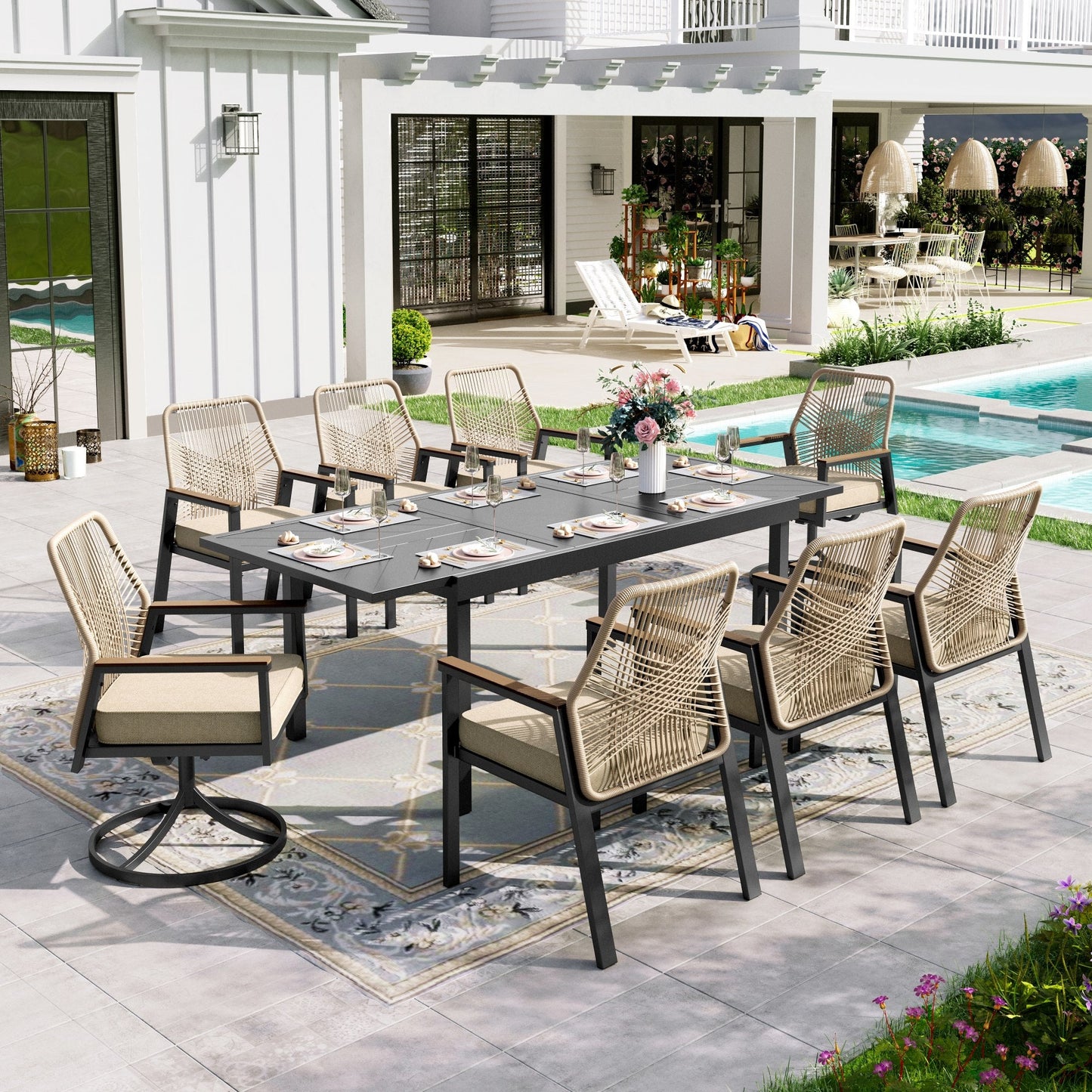 Sophia & William 9 Pieces Wicker Outdoor Patio Dining Set with 2 Swivel Chairs, 6 Fixed Chairs and 1pc Extendable Metal Table for 8-person