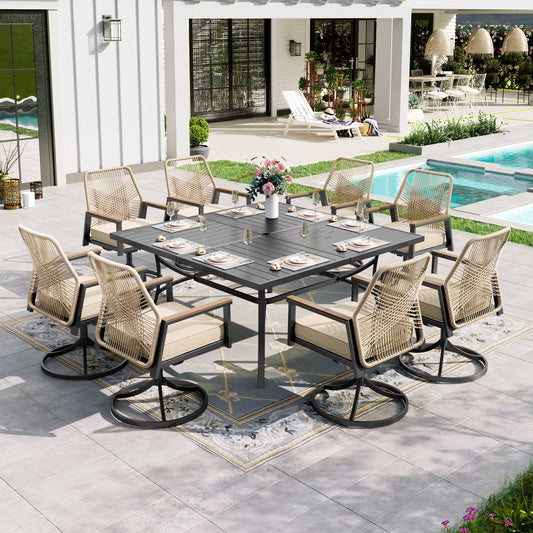 Sophia & William 9-Piece Outdoor Patio Dining Set Swivel Metal Wicker Chairs and Large Steel Square Table