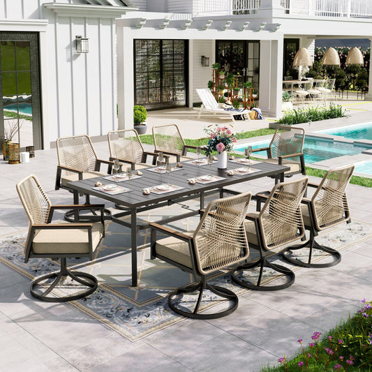 Sophia & William 9-Piece Outdoor Patio Dining Set Swivel Metal Wicker Chairs and Rectangle Steel Table