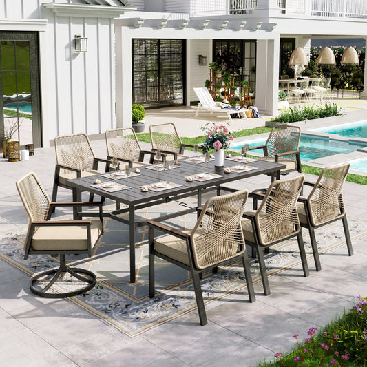 Sophia & William 9 Pieces Wicker Outdoor Patio Dining Set with 2 Swivel Chairs, 6 Fixed Chairs and 1pc Extendable Metal Table for 8-person