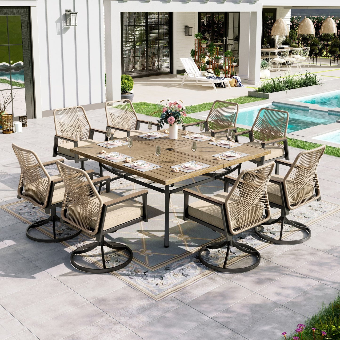 Sophia & William 9-Piece Outdoor Patio Dining Set Swivel Metal Wicker Chairs and Large Teak Color Steel Square Table