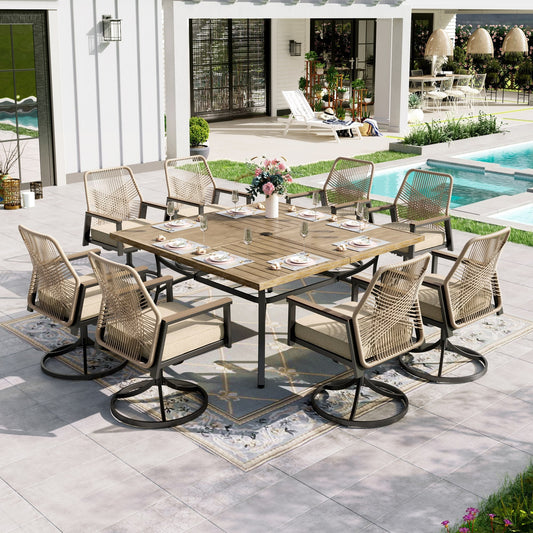 Sophia & William 9-Piece Outdoor Patio Dining Set Swivel Metal Wicker Chairs and Large Teak Color Steel Square Table