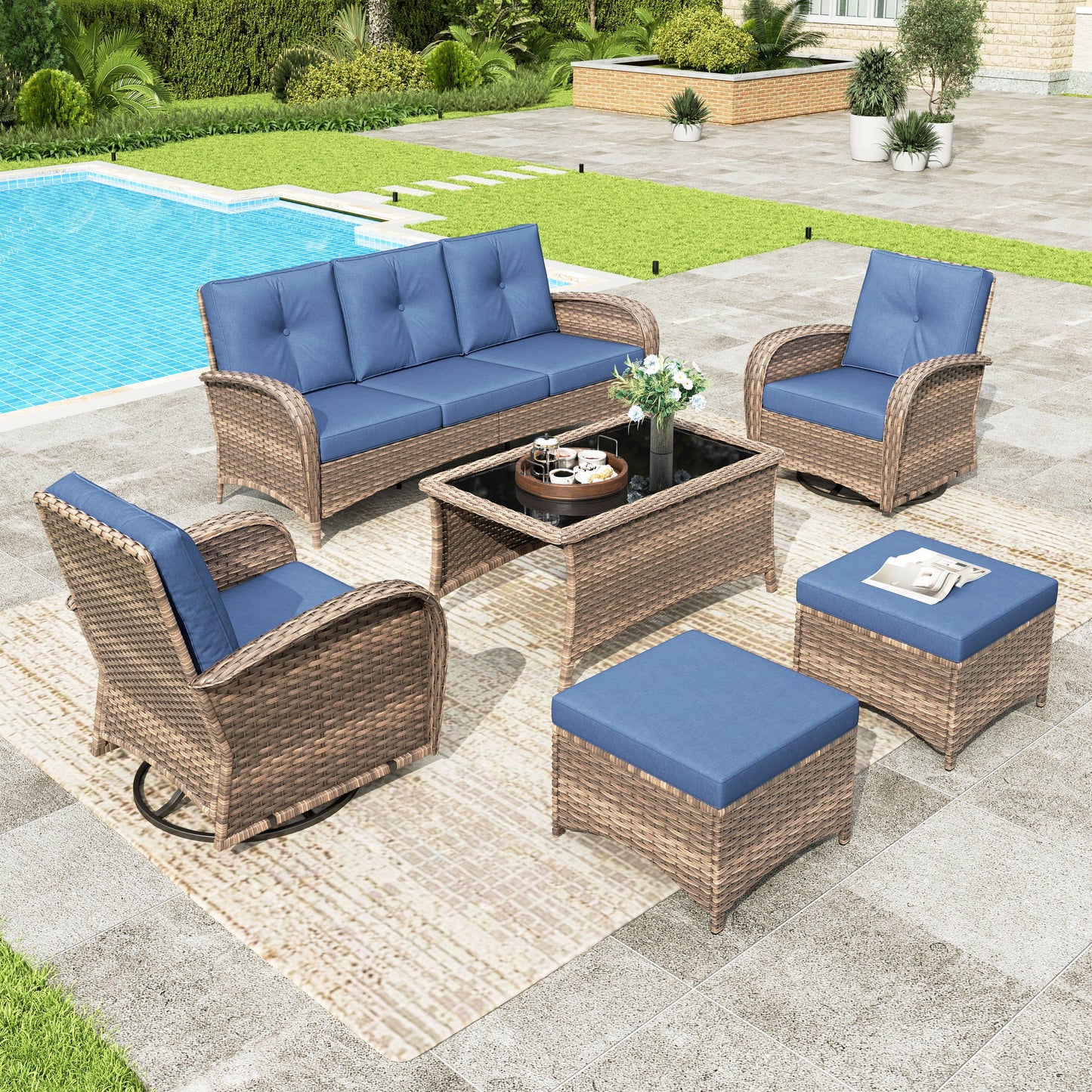 Sophia & William 6 Pieces Outdoor Patio Furniture Set 7-Seat Wicker Outdoor Conversation Sofa Set with Swivel Glider & 2 Ottomans, Navy