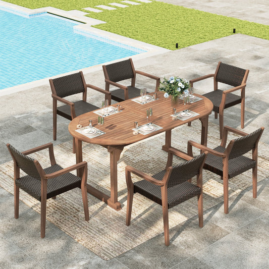 Sophia & William 7-Piece Outdoor Patio Dining Set Wicker Rattan Chairs with Acacia Wood Structure and Extendable Wood Table, Dark Brown