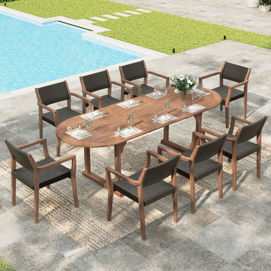 Sophia & William 9-Piece Outdoor Patio Dining Set Wicker Rattan Chairs with Acacia Wood Structure and Extendable Wood Table, Dark Brown