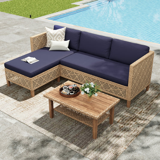 Alpha Joy Wicker Patio Furniture Conversation Set Boho Style Outdoor Sofa with Coffee Table and Navy Blue Cuchions