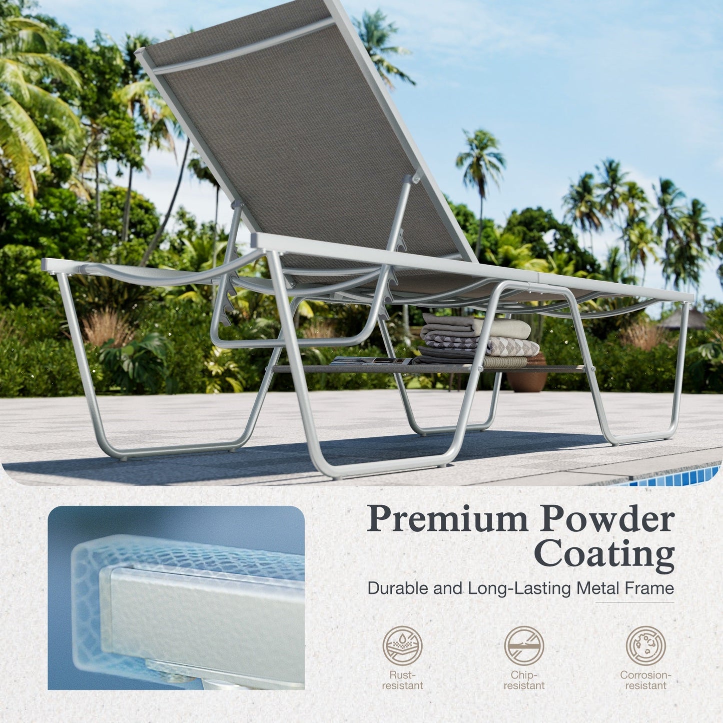 Sophia & William Patio Adjustable Lounge Chair 27.2" Wider Metal Recliner Outdoor Chaise Lounge with Sotrage, Light Gray