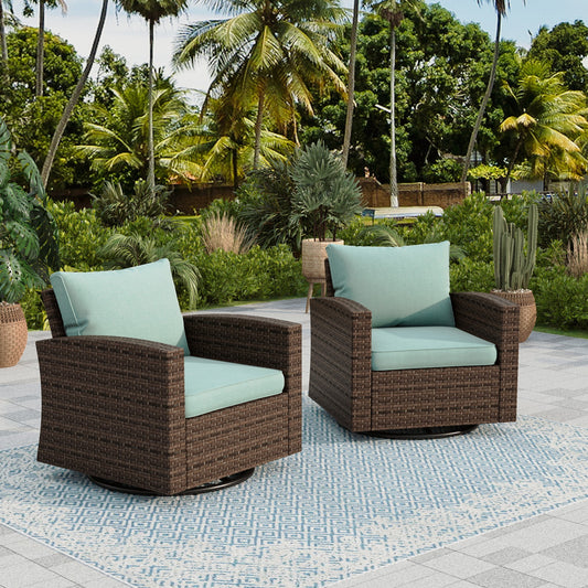 Sophia & William Wicker Patio Swivel Chairs Set of 2 With Blue Cushions