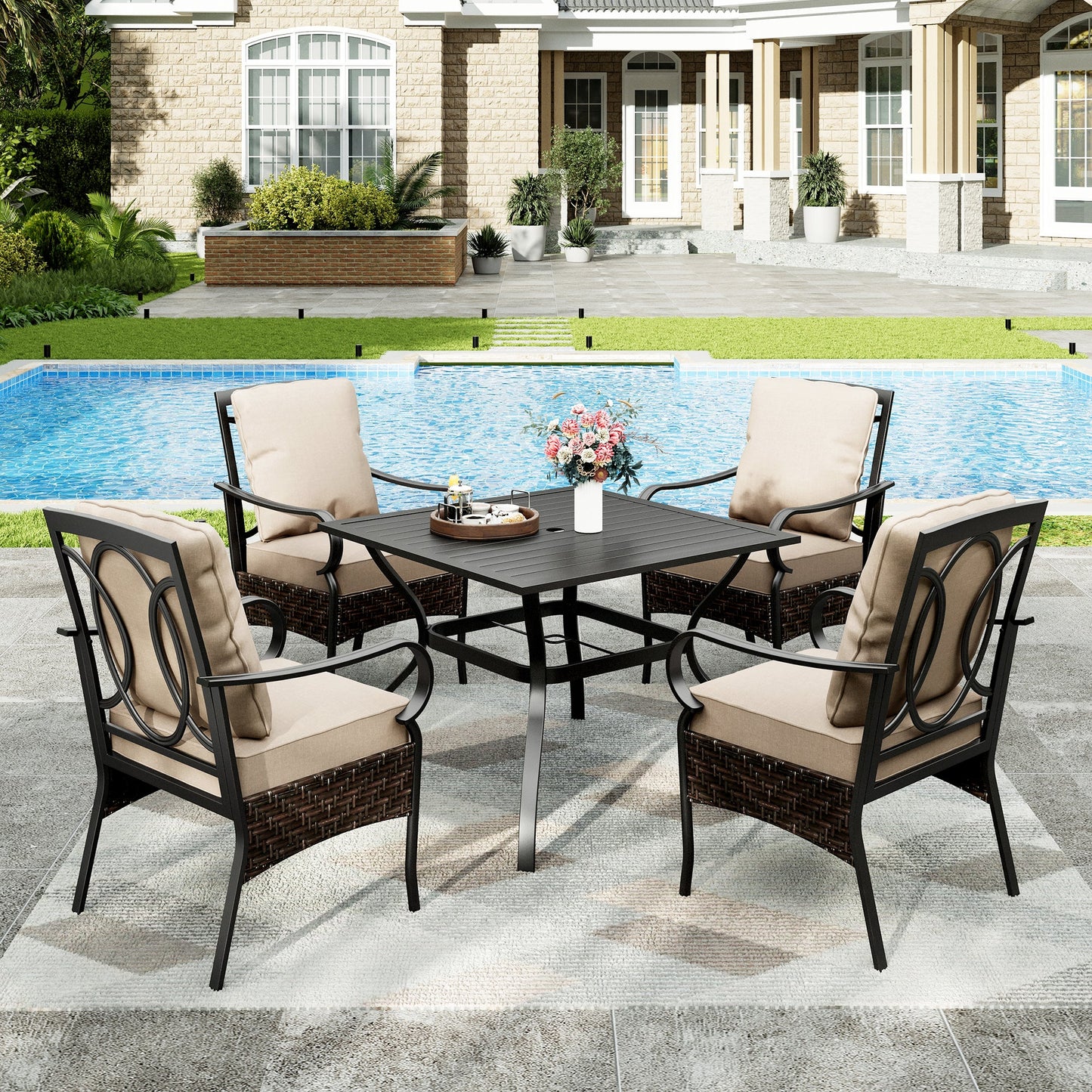 Sophia & William 5Pcs Outdoor Patio Dining Set Metal Cushioned Chairs and Table Furniture Set,Beige