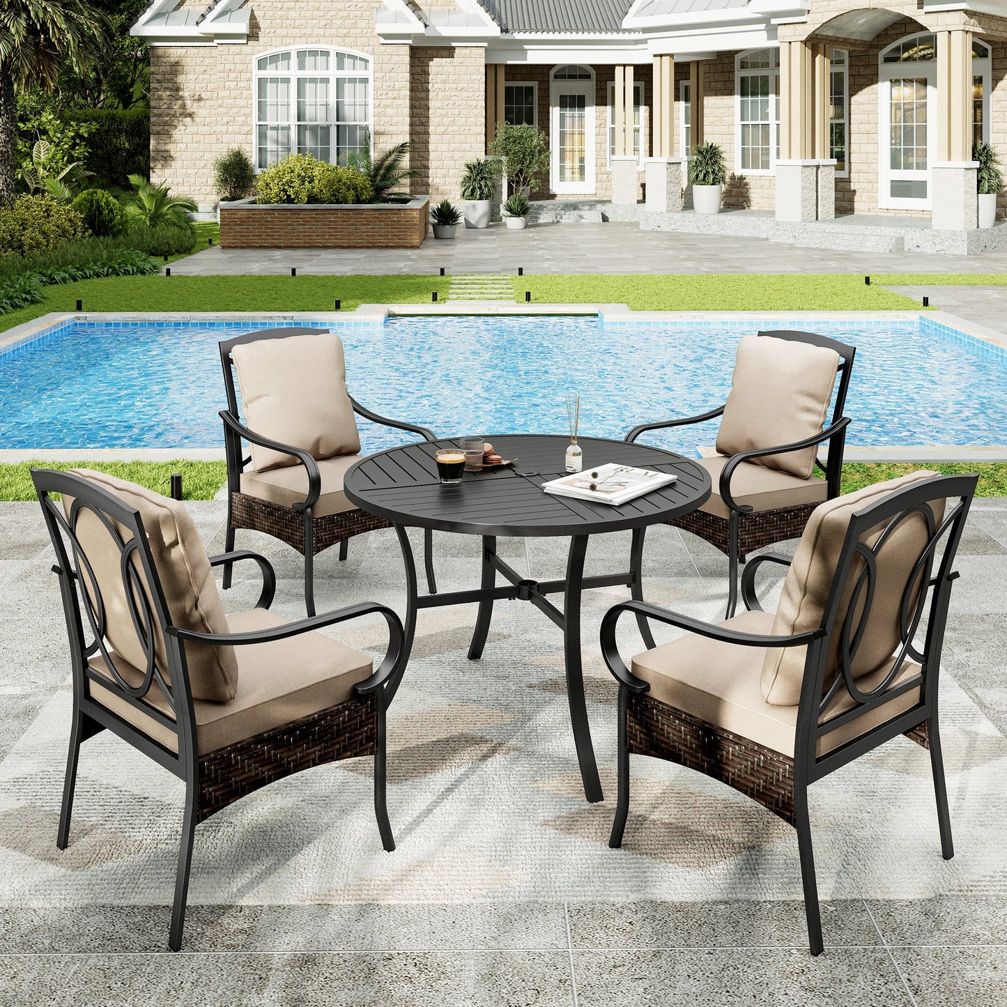 Sophia & William 5Pcs Outdoor Patio Dining Set Metal Cushioned Chairs and Round Table Furniture Set,Beige