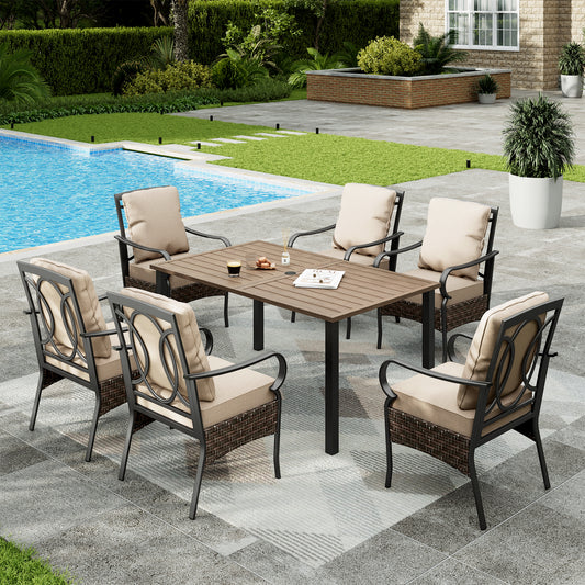 Sophia & William 7Pcs Outdoor Patio Dining Set Metal Cushioned Chairs and Wood-grain Table Furniture Set for 6,Beige
