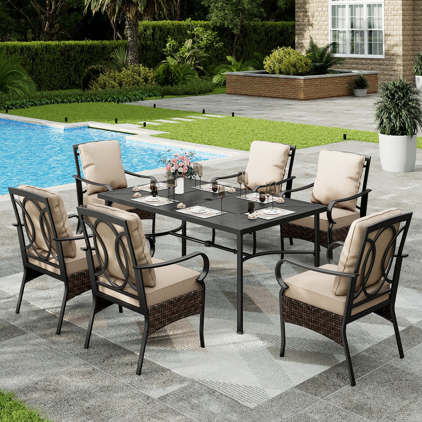 Sophia & William 7Pcs Outdoor Patio Dining Set Metal Cushioned Chairs and Wood-grain Table Furniture Set for 6,Beige