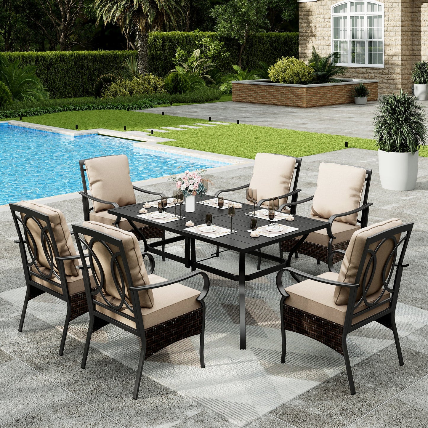 Sophia & William 7Pcs Outdoor Patio Dining Set Metal Cushioned Chairs and Table Furniture Set for 6,Beige