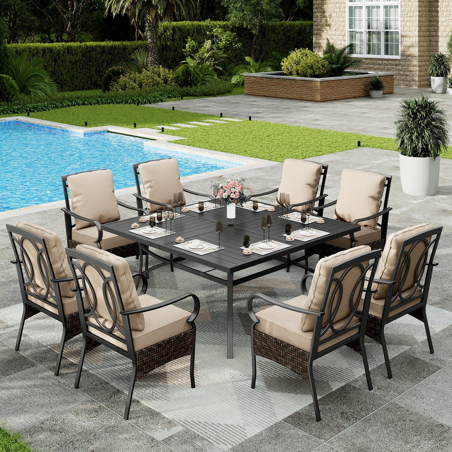 Sophia & William 9Pcs Outdoor Patio Dining Set Metal Cushioned Chairs and 60" Square Table Furniture Set for 8,Beige