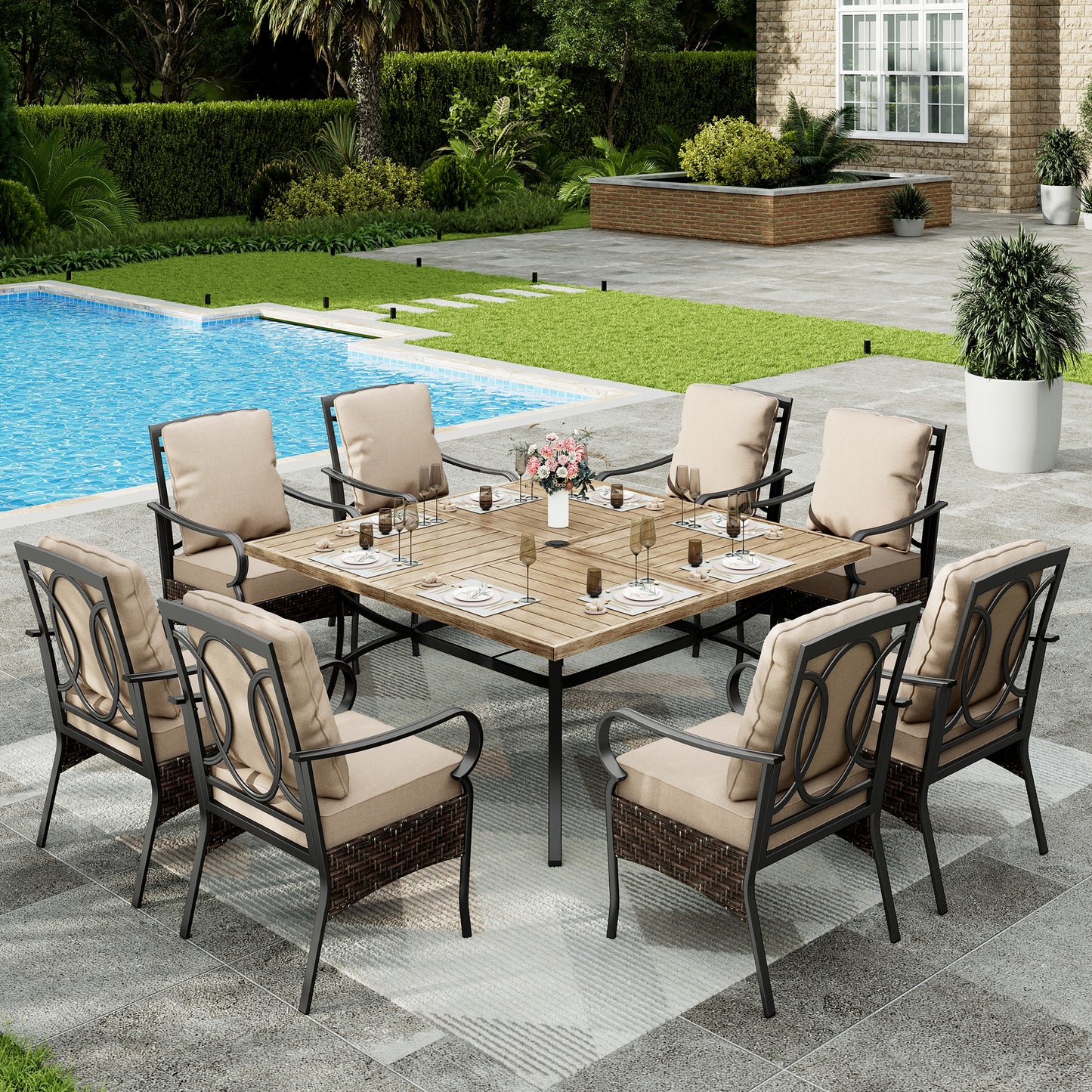 Sophia & William 9Pcs Outdoor Patio Dining Set Metal Cushioned Chairs and 60  Wood-grain Table Furniture Set for 8,Beige