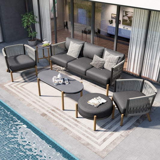 Sophia & William 6 Pieces Rope Weaving Metal Patio Furniture Set 6-Seat Outdoor Cushioned Conversation Set with Coffee Table, Gray