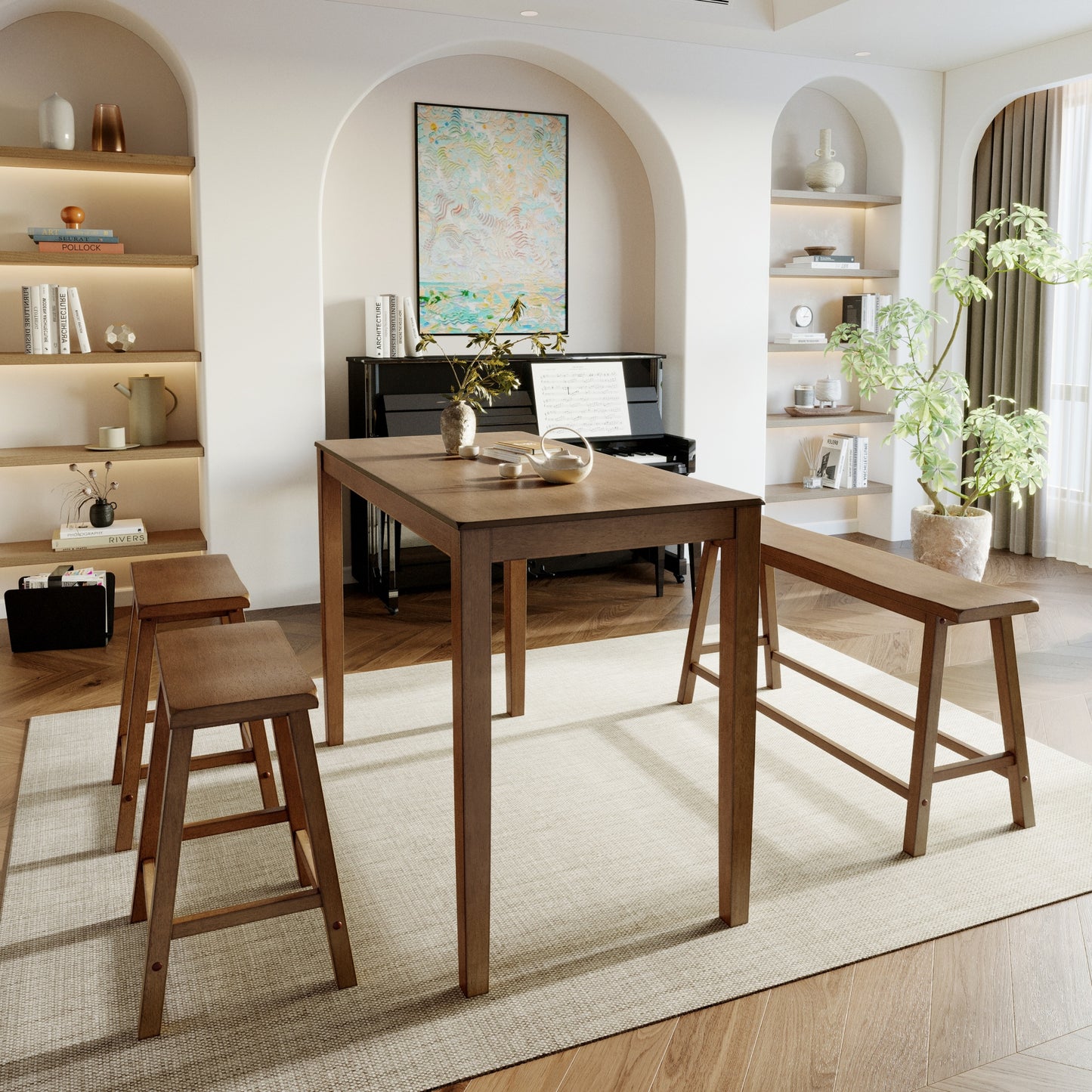 Alpha Joy 4 Pieces Dining Table Set for 4 Space-Saving Wood Kitchen Counter Height Bar Table, 2 Stools and Bench- Rustic Caramel