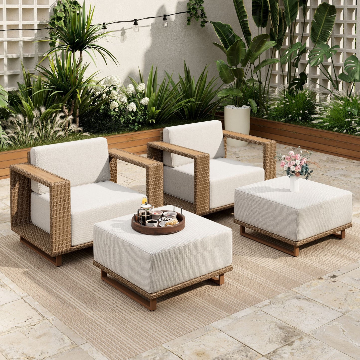 Sophia & William 4 Pieces Wicker Patio Furniture Set with 2Pcs Chairs & 2 Ottomans, Yellow-Brown & Beige