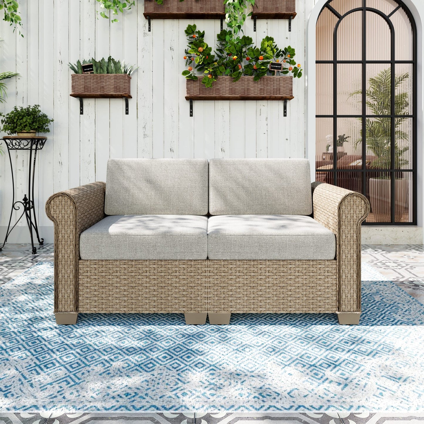 Sophia & William 2 Pieces Wicker Outdoor Patio Sofa Conversation Set with Beige Cushions and Steel Frame