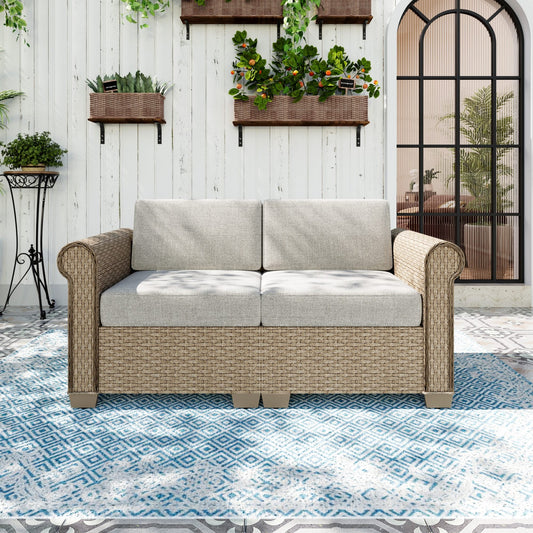Sophia & William 2 Pieces Wicker Outdoor Patio Sofa Conversation Set with Beige Cushions and Steel Frame