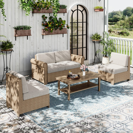 Sophia & William 5 Pieces Wicker Patio Furniture Set 4-Seat Outdoor Conversation Set with Coffee Table, Beige